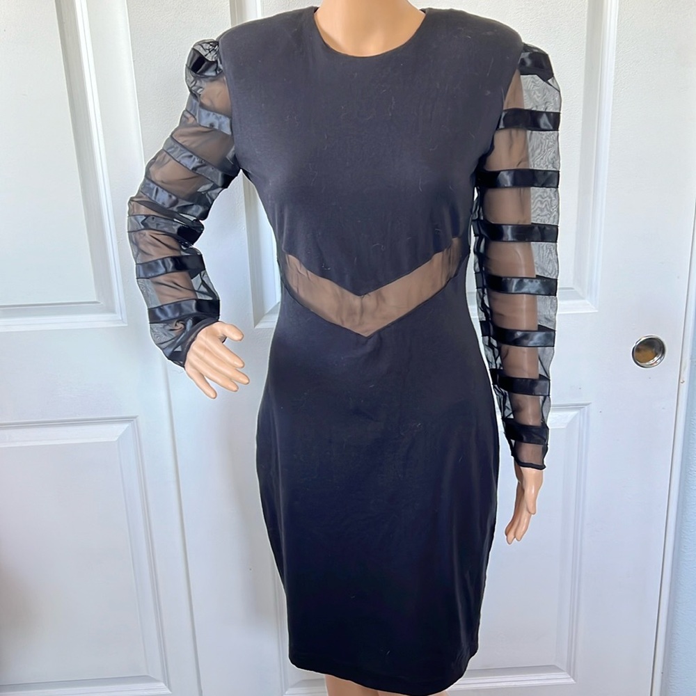 Vtg 80s 90s KAREN OKADA black sheer sleeve waist cutout LBD 9/10 M